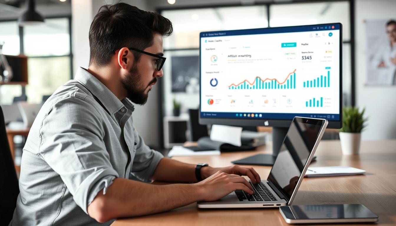 Image of a person working on a laptop with affiliate marketing dashboard