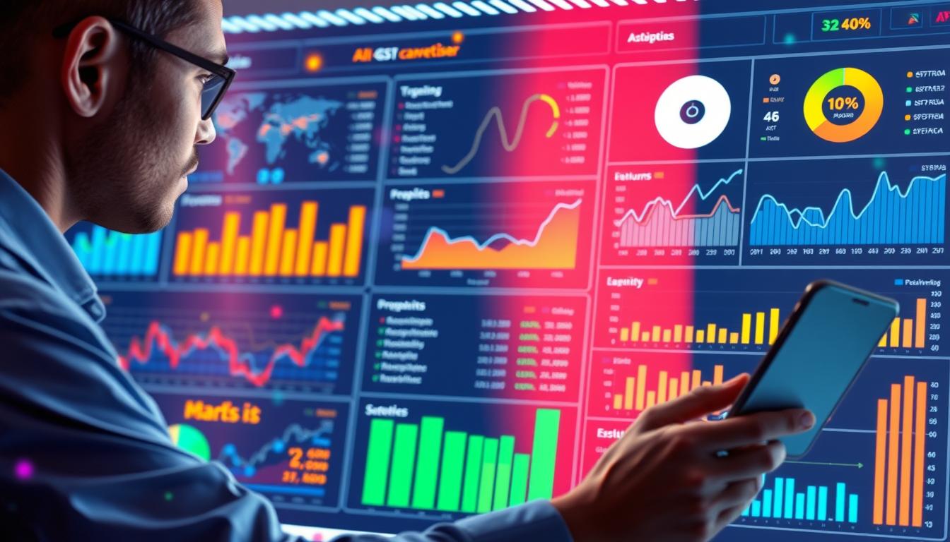 Generate an image of a digital marketer analyzing AI-driven ad campaign results on a dashboard.