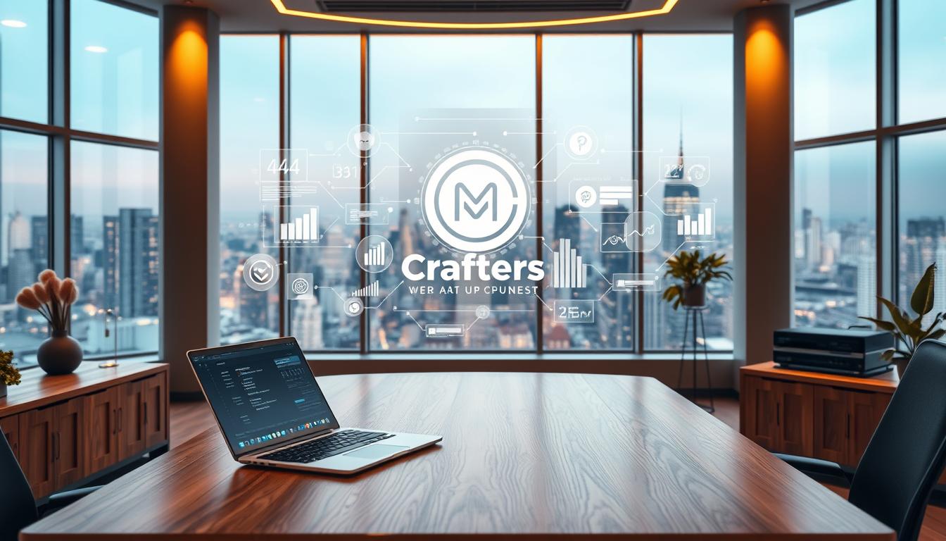 A futuristic office setting showcasing the latest AI tools for business. In the foreground, an elegant wooden desk with a sleek laptop, various productivity apps, and a "Money Crafters" brand logo prominently displayed. The middle ground features a holographic display showcasing data visualizations and analytics, while the background depicts floor-to-ceiling windows overlooking a vibrant city skyline. The lighting is warm and ambient, creating a professional and innovative atmosphere. The image conveys the power of AI-driven strategies to boost online income and maximize business growth.