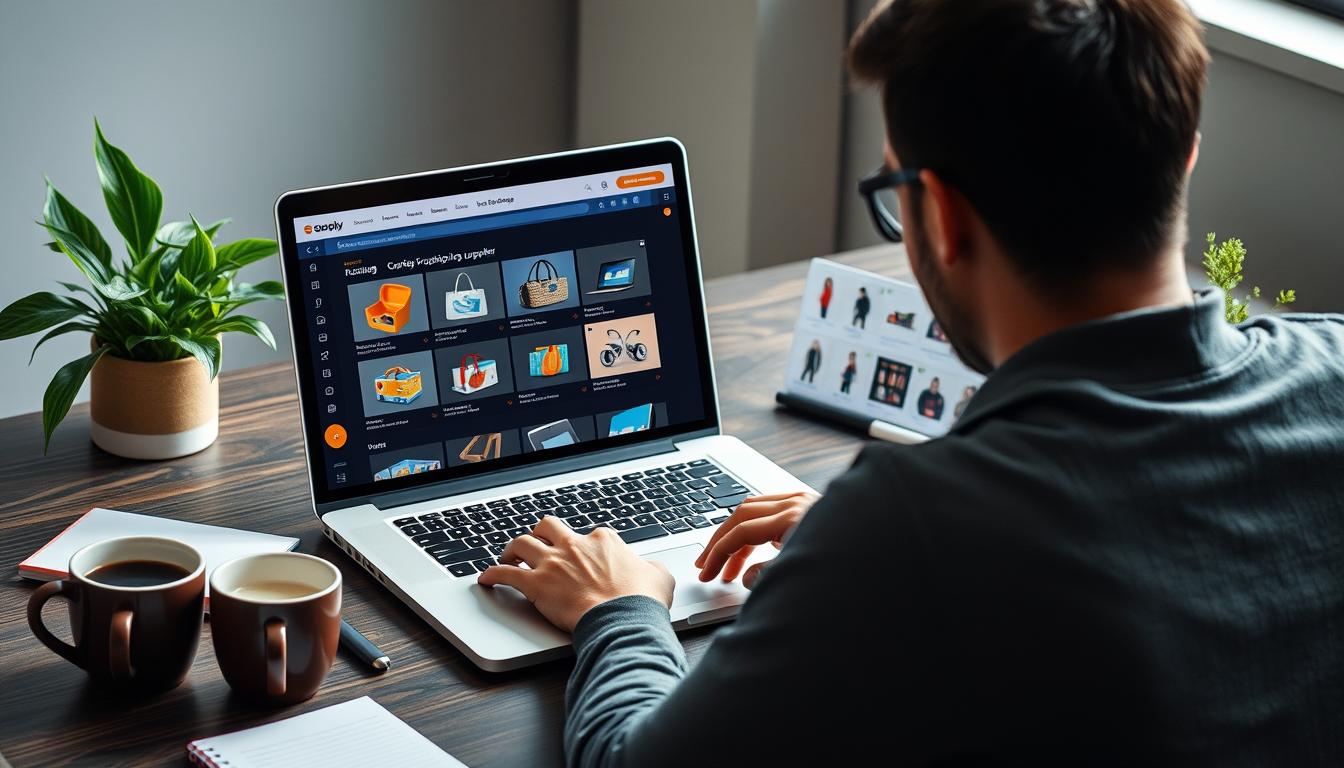 Create an image of a person setting up an online store on their laptop with a dropshipping supplier's catalog on the screen.