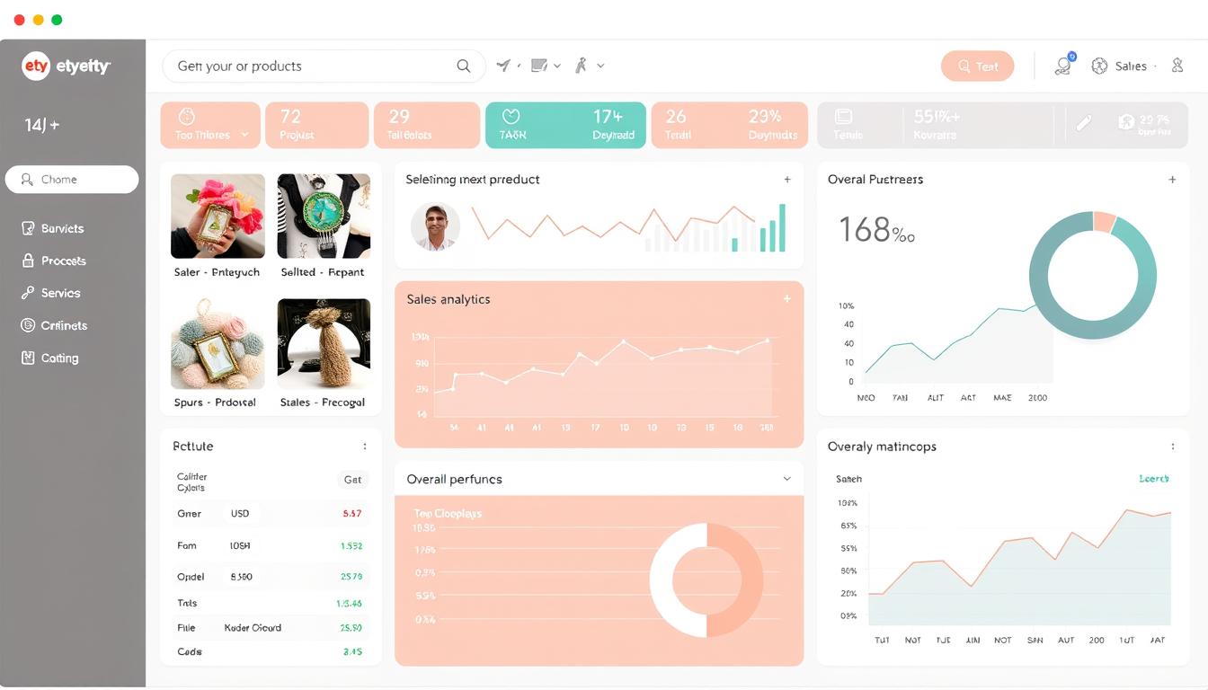 Generate an image of a seller's dashboard on Etsy, showcasing their products and sales analytics.