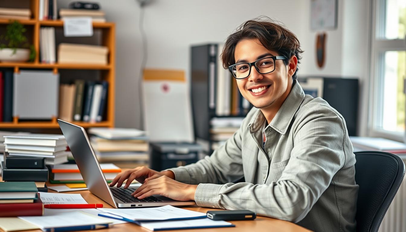 Create an image of a person sitting at a desk with a laptop, surrounded by books and notes, with a friendly smile as they create an online course.