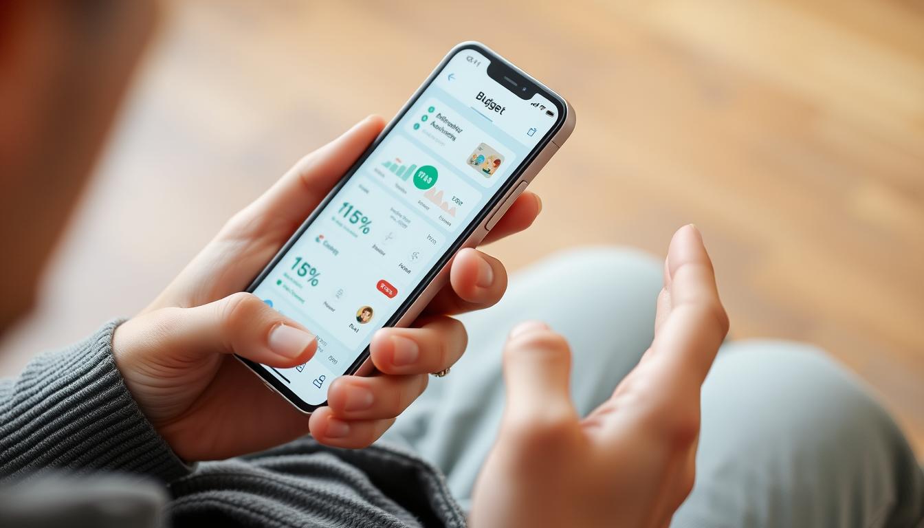 An image of a person using a budgeting app on their smartphone, with a clear view of the app's interface.
