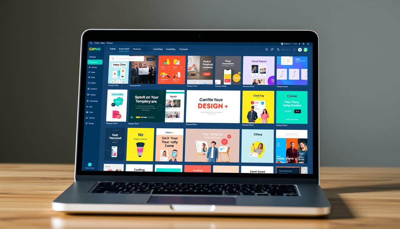 Generate an image of a laptop screen displaying Canva's design interface with various template options.