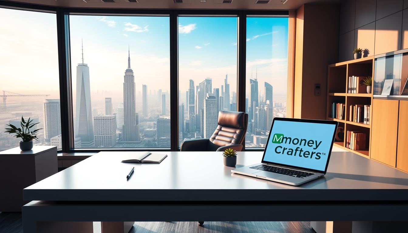 A high-tech, futuristic office setting with a large window overlooking a modern skyline. In the foreground, a sleek, minimalist desk with a laptop displaying the "Money Crafters" brand logo. On the desk, various stationery items like a pen, notepad, and a small potted plant. The middle ground features a comfortable leather chair and a bookshelf with business-related books. Soft, warm lighting illuminates the scene, creating a professional and productive atmosphere. The background showcases a vibrant cityscape with towering skyscrapers and a clear, blue sky. The overall composition conveys a sense of innovation, opportunity, and a profitable business idea.
