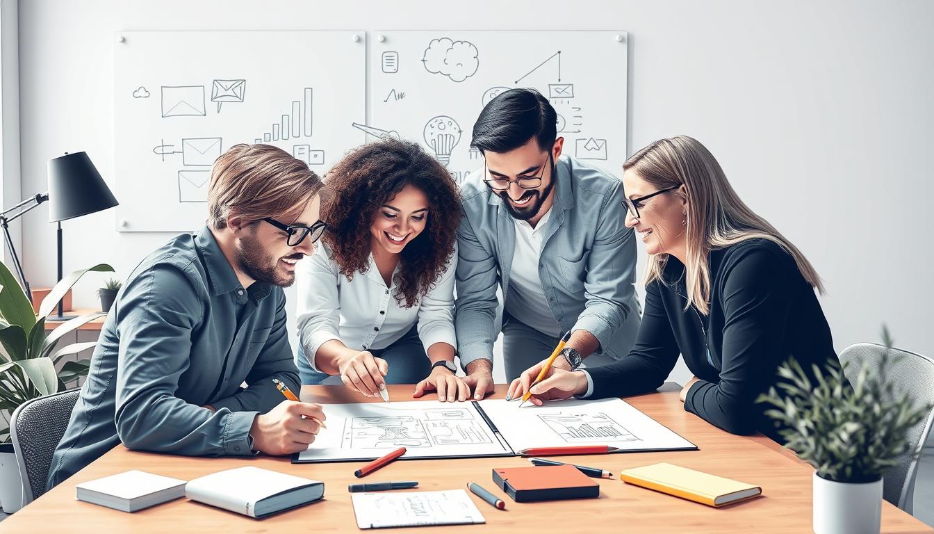 Generate an image of a creative team using Pencil to generate ad creatives.