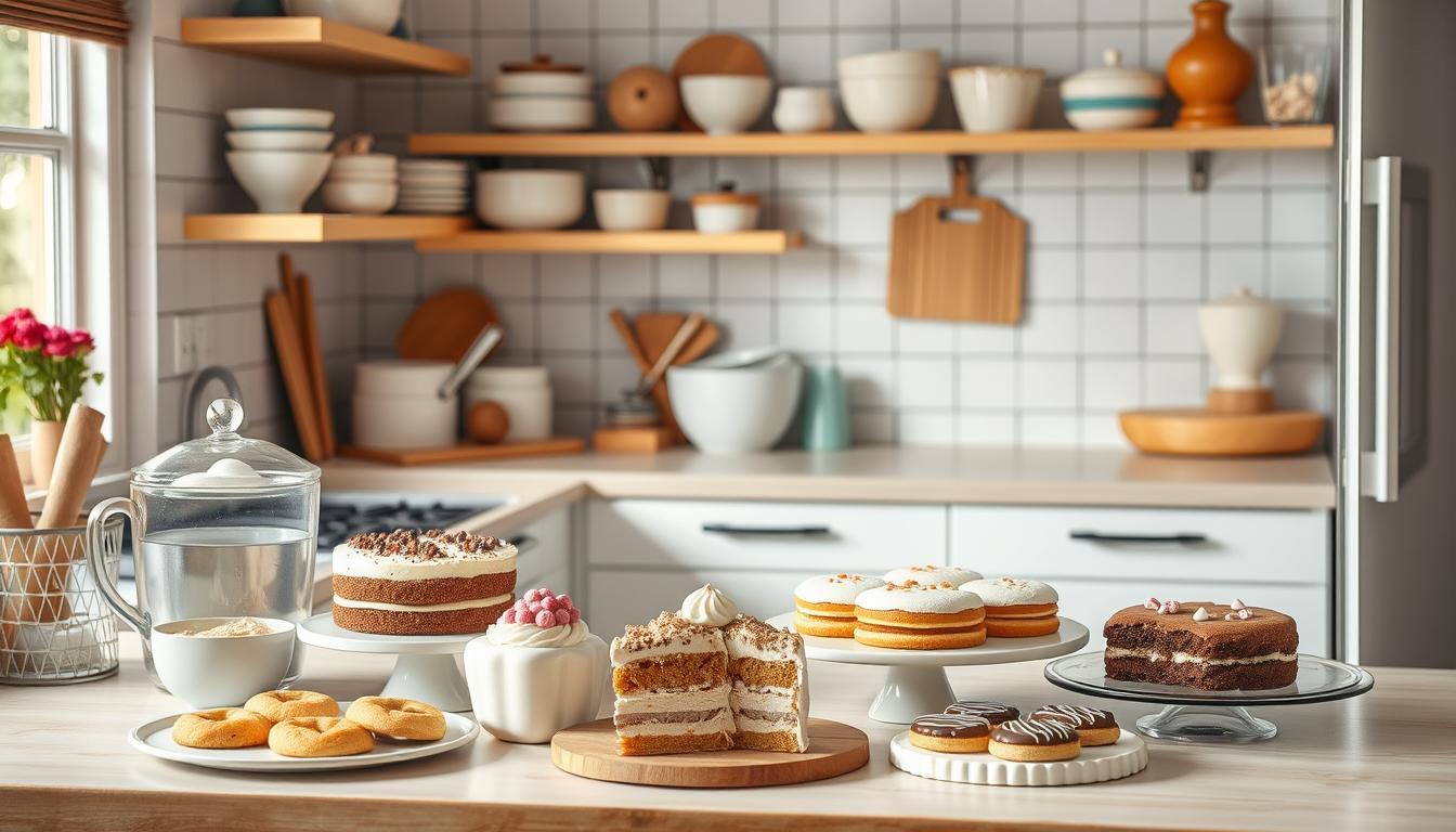 Generate an image of a home kitchen with baking supplies and a variety of sweet treats.