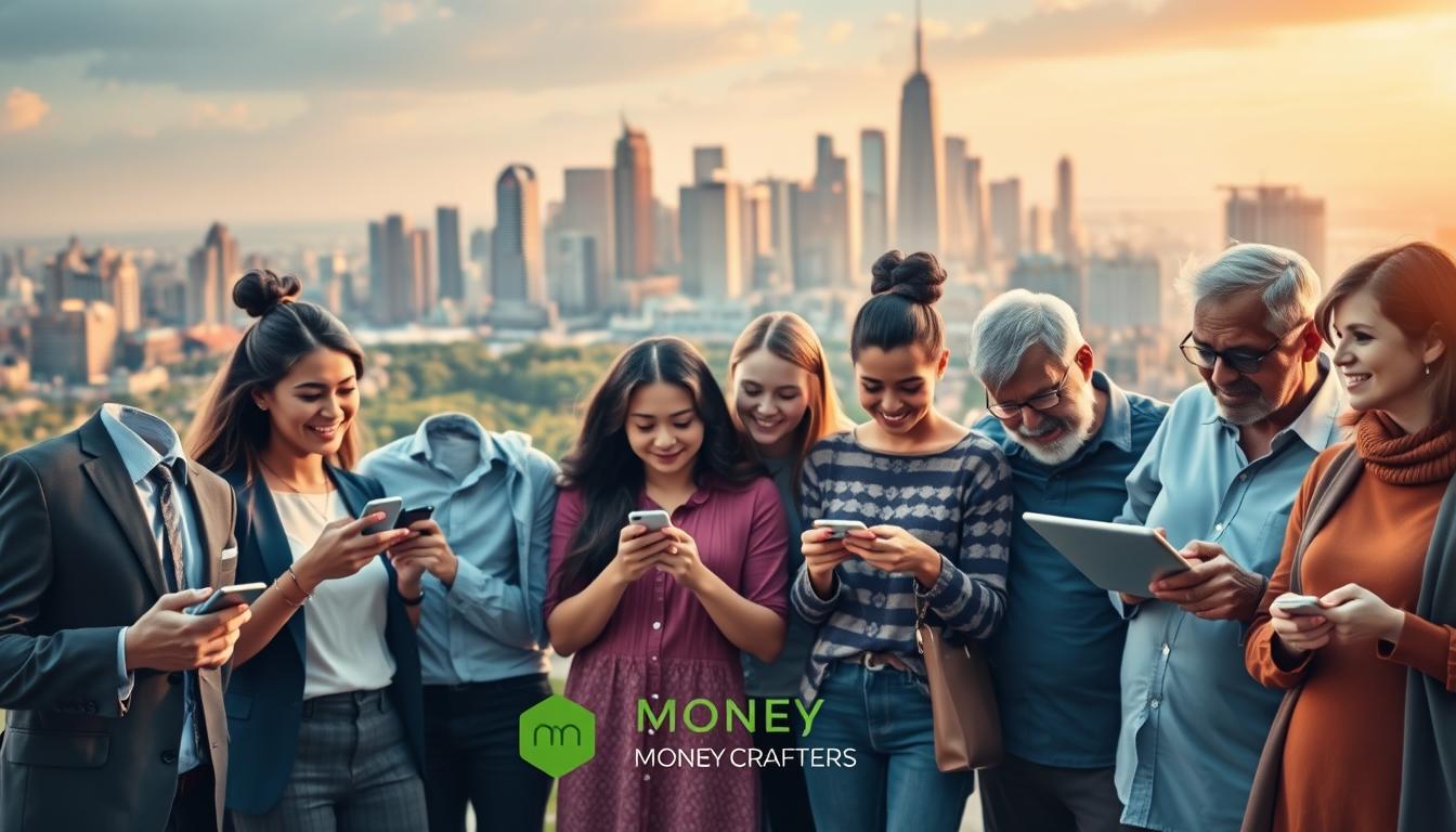 A diverse group of individuals representing a cross-section of the Money Crafters brand's social media target audience...