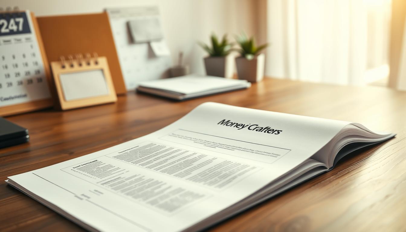 A neatly organized, handwritten business plan with crisp, clean pages laid out on a wooden desk. The plan features the logo of "Money Crafters" prominently displayed at the top. Warm, natural lighting casts a soft glow, highlighting the attention to detail and professionalism. In the background, a minimalist office setting with a calendar, potted plant, and a few strategically placed office supplies convey a sense of focus and productivity. The overall mood is one of thoughtful planning, diligence, and a commitment to starting a business with limited resources.