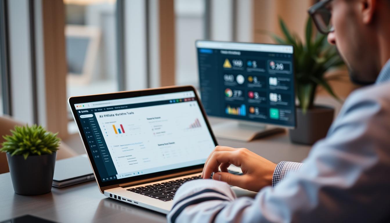 Generate an image of a person using a laptop with AI-powered affiliate marketing tools on the screen.