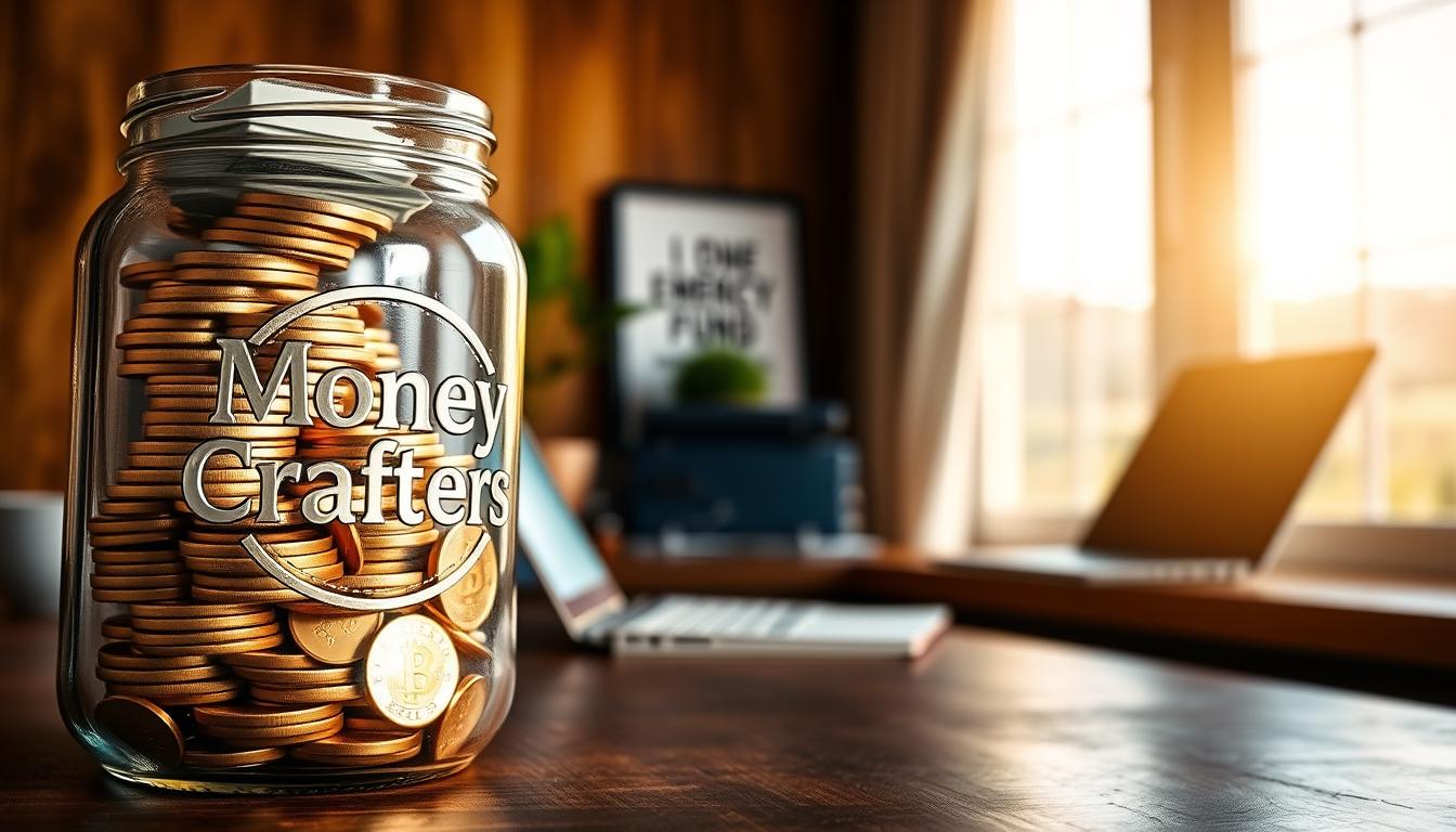 A stack of gold coins and stacks of cash inside a glass jar, set against a warm, wooden backdrop. In the foreground, the "Money Crafters" logo is embossed on the glass, reflecting the light. The middle ground features a cozy home office scene, with a laptop, a potted plant, and a framed motivational quote. The background showcases a serene landscape through a window, bathed in soft, golden sunlight. The overall mood is one of financial security, stability, and a sense of accomplishment in building a solid emergency fund.
