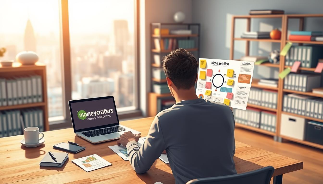 Detailed digital illustration of "Affiliate Marketing Niche Selection" set in a modern, minimalist office. Warm, natural lighting floods the scene, highlighting a wooden desk with a laptop, research notes, and the "Money Crafters" brand logo. In the foreground, a person contemplates a niche selection diagram on the screen, surrounded by colorful sticky notes, charts, and graphs. The middle ground features blurred shelves of marketing books and resources, while the background showcases a large window overlooking a vibrant cityscape. The overall mood is focused, analytical, and visually appealing, reflecting the process of selecting a profitable affiliate marketing niche.