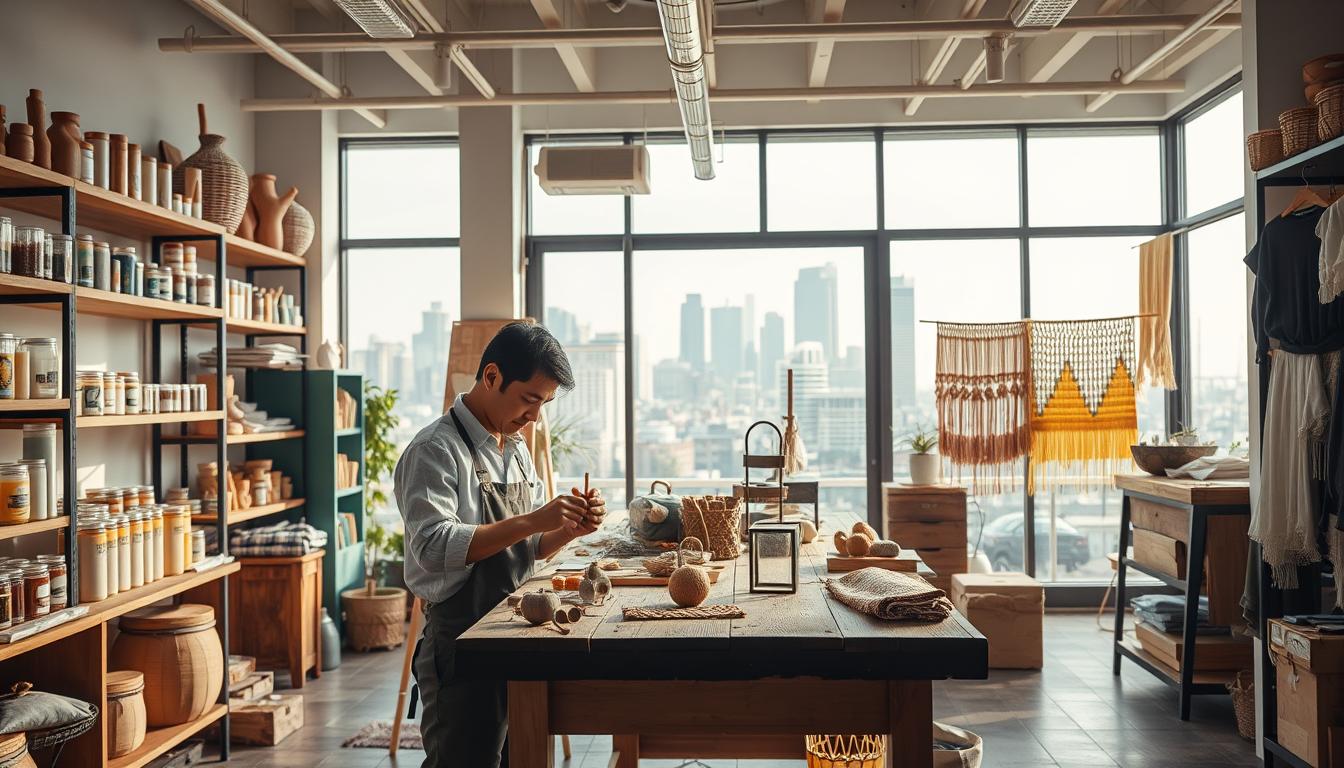 A vivid, high-resolution image of a successful small business idea in 2025. The scene depicts the interior of a modern, well-lit workshop belonging to the fictional company "Money Crafters". In the foreground, a skilled artisan is carefully crafting a unique, handmade product on a wooden workbench. Behind them, the middle ground showcases a variety of finished goods, from artisanal candles to handwoven textiles, neatly displayed on shelves. The background features large windows overlooking a bustling city skyline, hinting at the thriving local community that supports this small, sustainable business. The overall atmosphere conveys a sense of creativity, craftsmanship, and entrepreneurial success.
