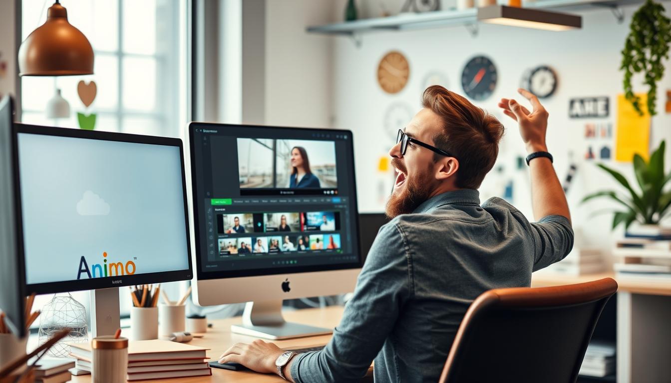Create an image of a marketer using Animoto to create a promotional video.
