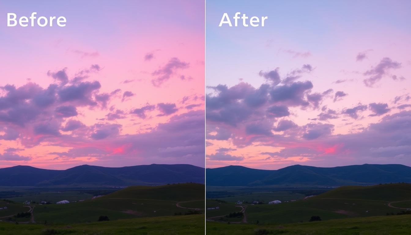 Generate an image showing before and after effects of Luminar's AI Sky Replacement