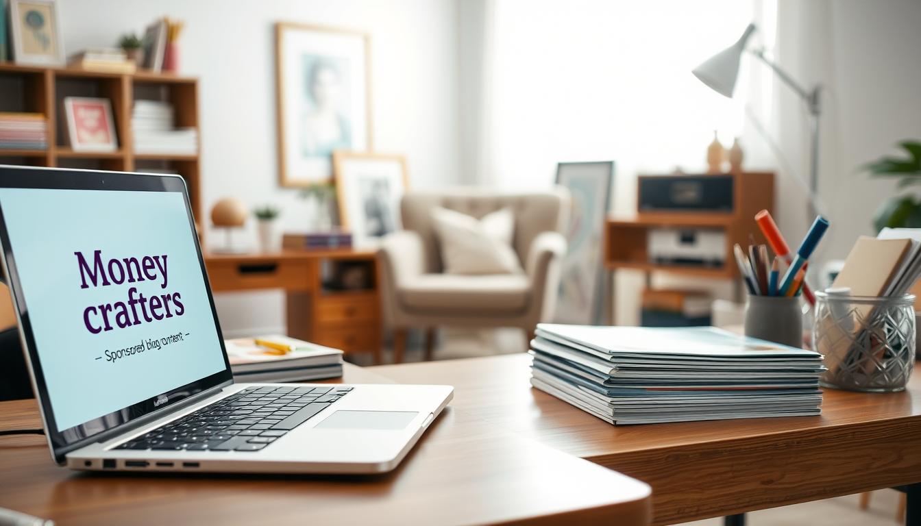 A well-lit studio with a wooden desk showcasing a laptop, a stack of craft magazines, and an assortment of art supplies. In the foreground, a laptop screen displays the "Money Crafters" brand logo, hinting at sponsored blog content. The middle ground features a cozy armchair and a framed art piece, creating a warm, inviting atmosphere. The background is softly blurred, emphasizing the professional, yet personal nature of the space. Soft, natural lighting casts a gentle glow, capturing the essence of a successful, monetized craft blog.