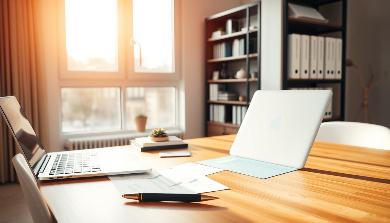 A sleek, modern home office space with a minimalist design, showcasing the essentials of personal finance. In the foreground, a clean, wooden desk with a laptop, a few carefully arranged financial documents, and a simple, elegant pen. Warm, natural lighting filters in through large windows, creating a calm and focused atmosphere. In the middle ground, a bookshelf with neatly organized personal finance books and a small succulent plant, hinting at the importance of steady growth and long-term planning. The background features a soft, neutral-toned wall, emphasizing the clarity and simplicity of personal finance management.
