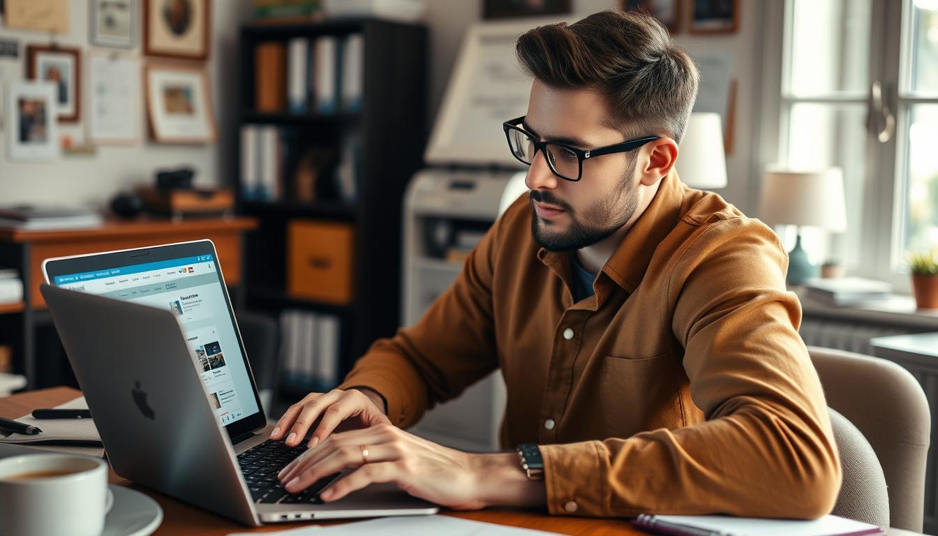 Generate an image of a small business owner analyzing social media ad performance on a laptop