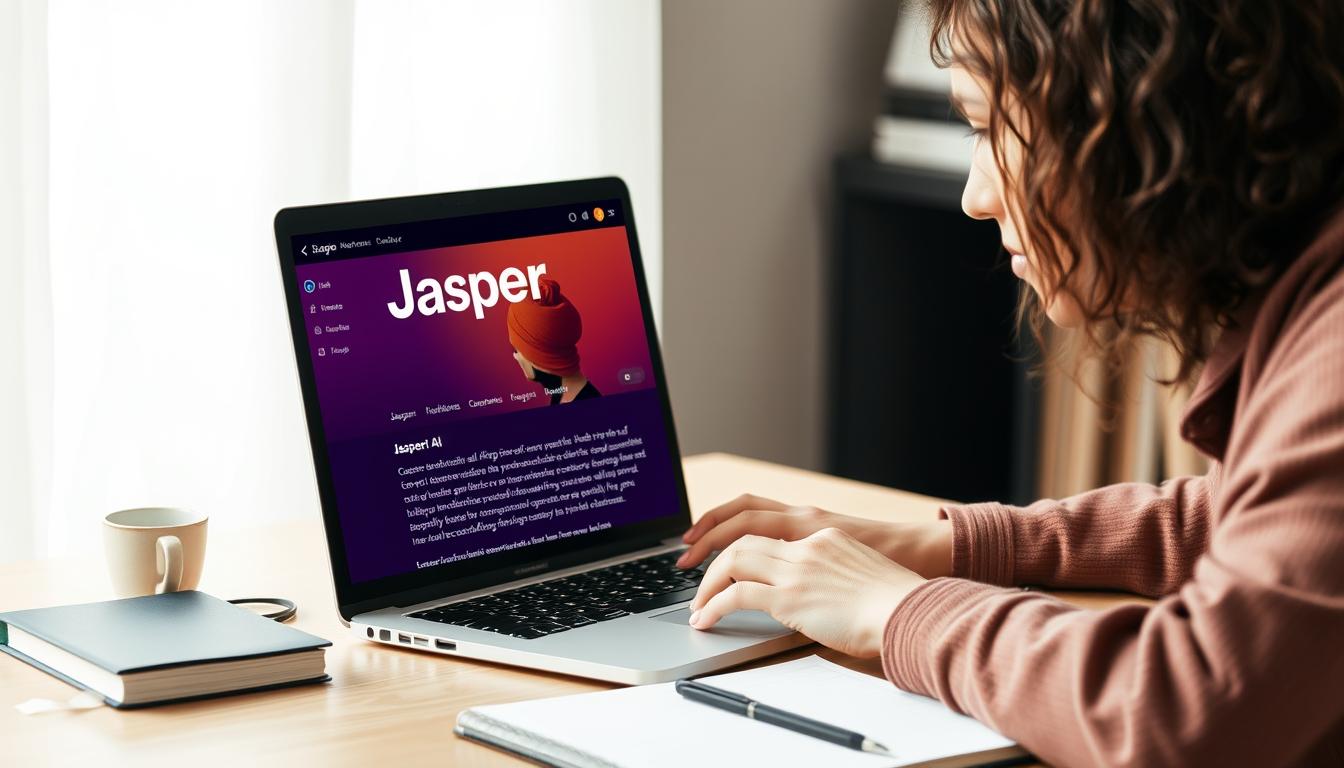 Generate an image of a person using Jasper AI on their laptop to create engaging blog content.