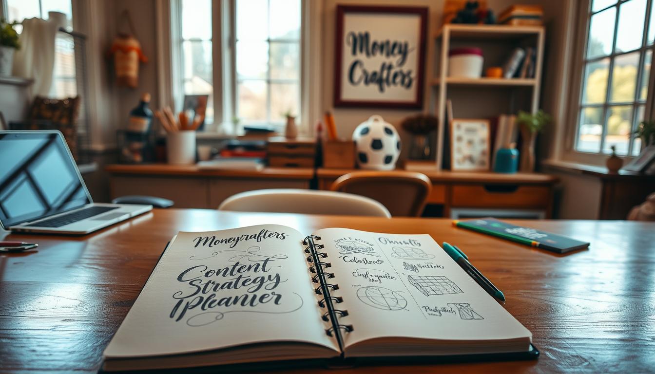 A cozy home office with a wooden desk, a laptop, and a variety of crafting supplies arranged neatly. In the foreground, a content strategy planner notebook lies open, featuring elegant calligraphy and intricate sketches. Warm, natural lighting streams in through a large window, casting a gentle glow over the scene. The "Money Crafters" brand name is prominently displayed on a framed wall art piece. The overall atmosphere is one of focus, organization, and inspiration, perfectly capturing the essence of a content strategy planner for a crafting blog.