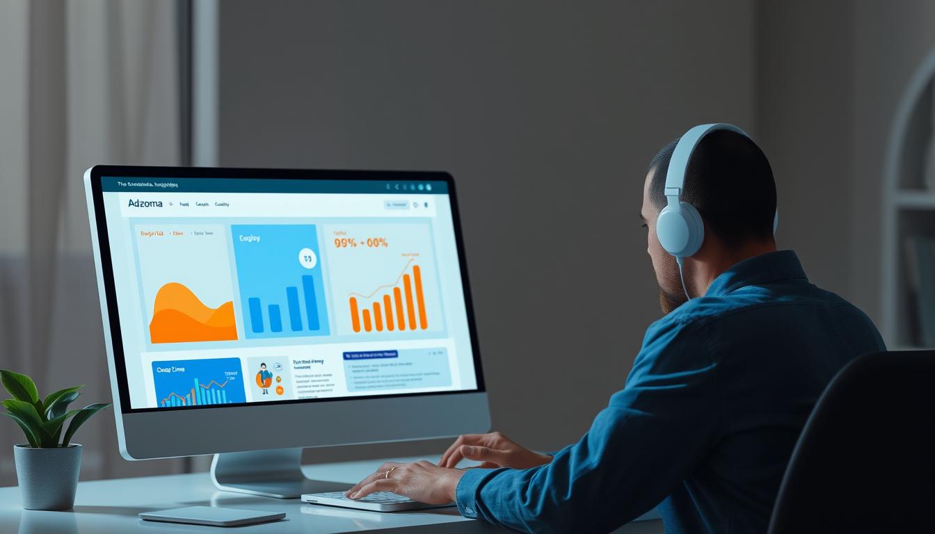 Generate an image of a marketer using Adzooma's interface to manage ad campaigns.
