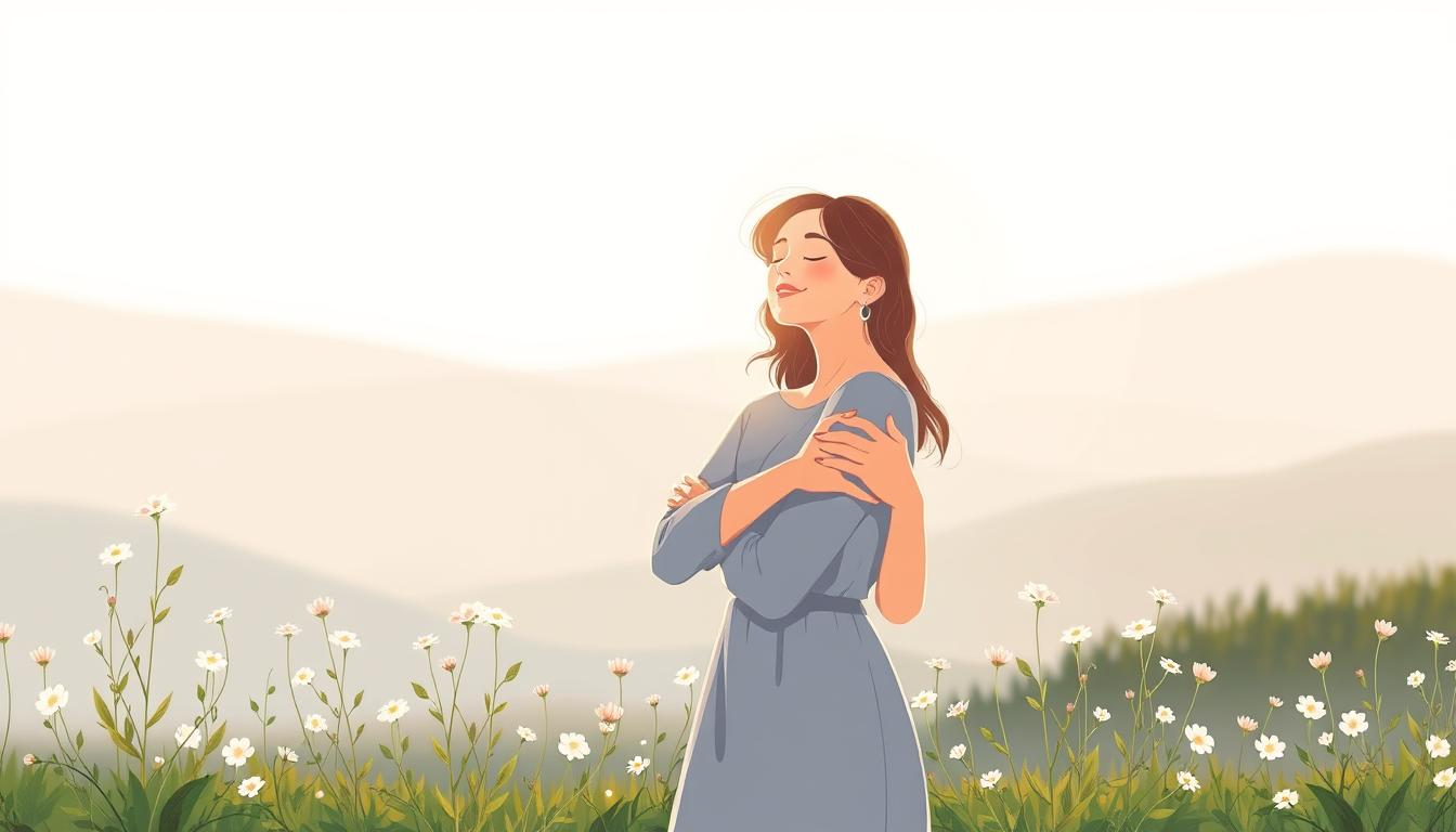 A serene, minimalist scene of a woman lovingly embracing herself against a tranquil backdrop. Soft, natural lighting illuminates her features, casting a warm, introspective glow. She stands in the foreground, her eyes closed and expression peaceful, radiating self-acceptance and inner harmony. In the middle ground, delicate flowers and greenery create a soothing, nature-inspired environment, symbolizing the nourishment of self-love. The background features a hazy, abstract landscape, suggesting a sense of calm and boundless possibilities. The overall mood is one of self-care, resilience, and the transformative power of embracing oneself.