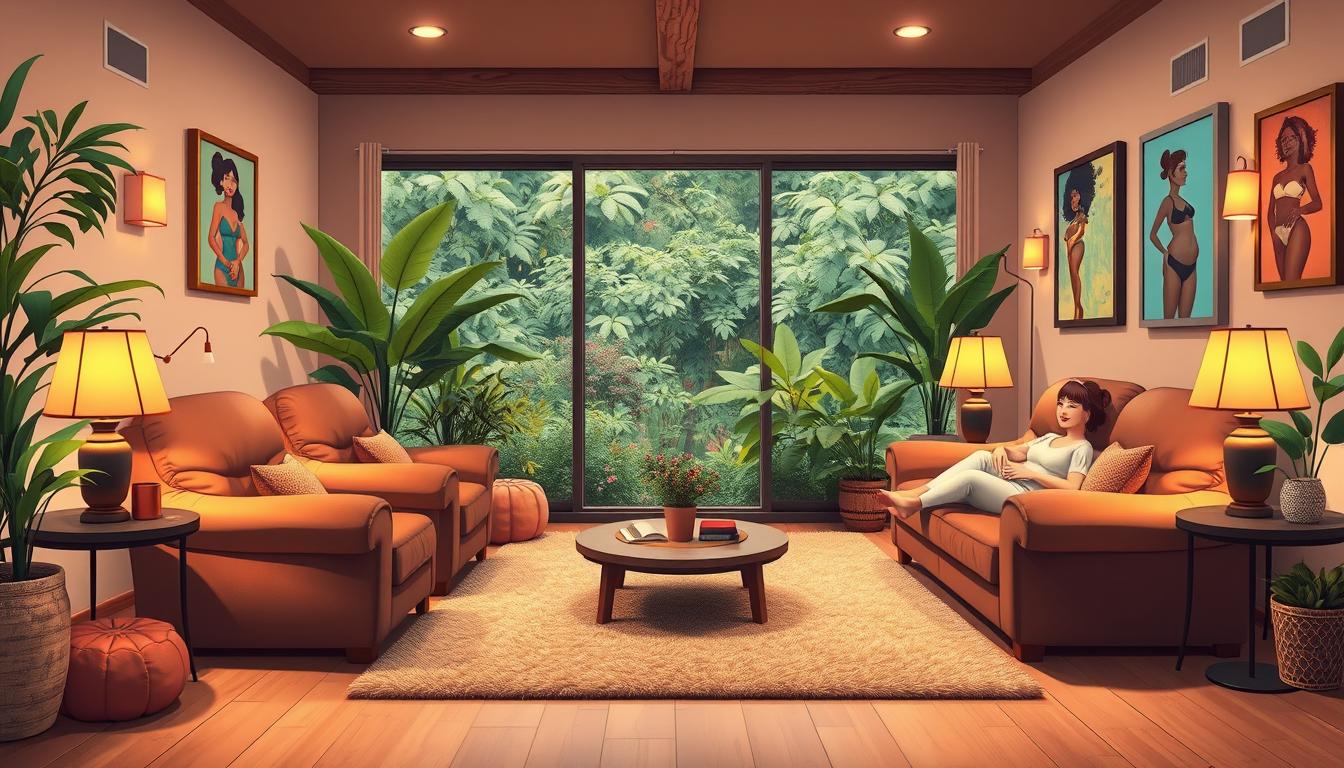 A warm, inclusive interior with plush, body-positive furniture - overstuffed armchairs, a cozy sofa, and a thick, welcoming rug. Soft, diffused lighting from lamps and sconces creates a comforting ambiance. Colorful artwork featuring diverse, joyful human forms adorns the walls. Lush, verdant potted plants and natural wood accents lend an earthy, nurturing atmosphere. Large windows let in natural light and offer a view of a flourishing outdoor garden. An overall sense of safety, acceptance, and belonging permeates the space.