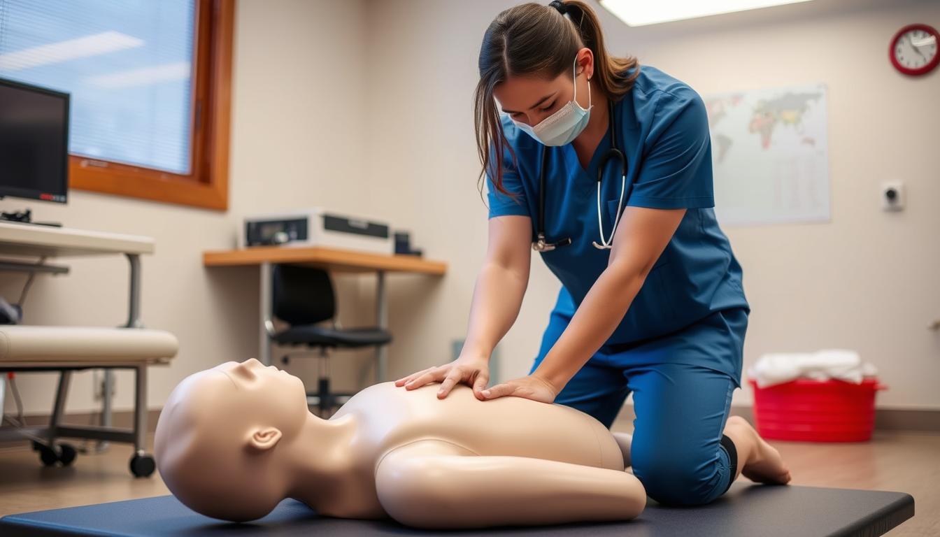 Healthcare professional demonstrating adult cardiopulmonary resuscitation on a training mannequin