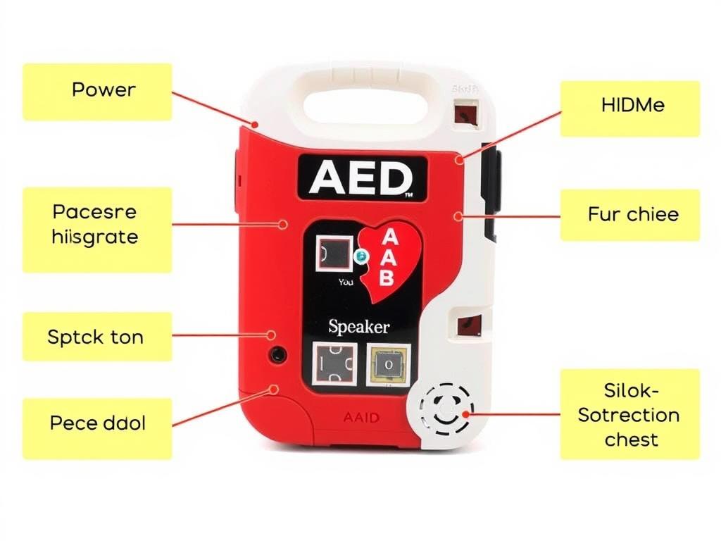 AED device with labeled parts showing how to use it during adult cardiopulmonary resuscitation