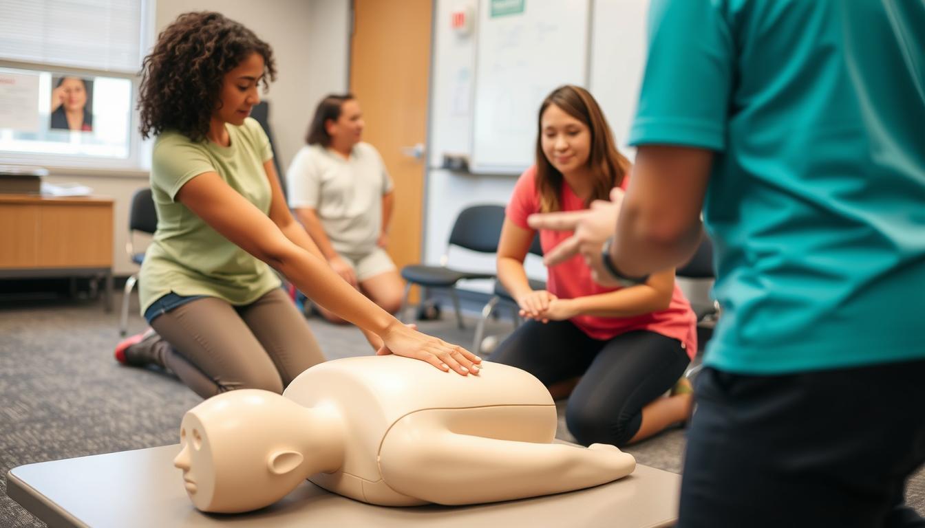 Person practicing adult cardiopulmonary resuscitation on a training mannequin with proper technique