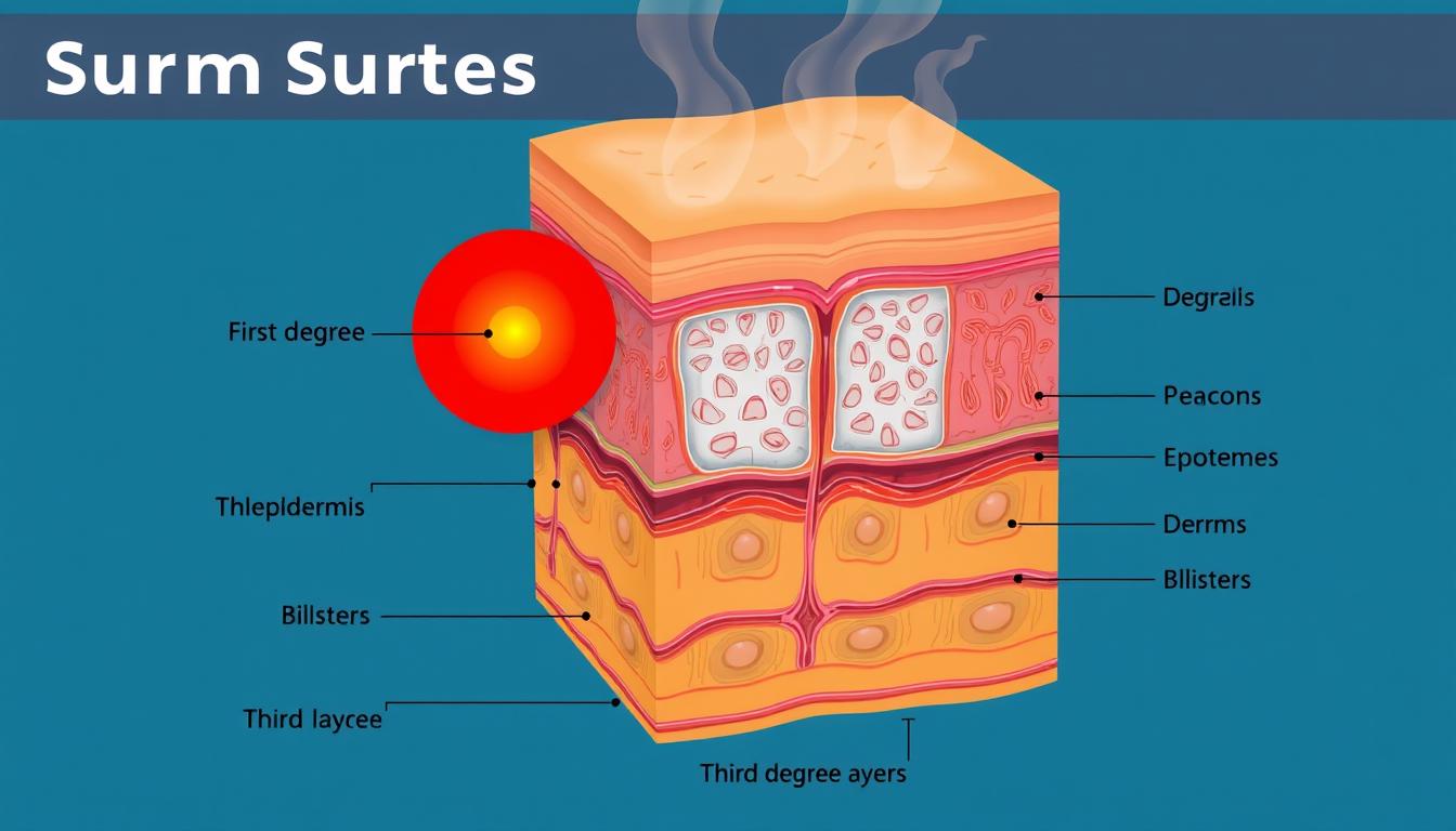 Cross-section diagram showing the three degrees of burns and skin layers affected