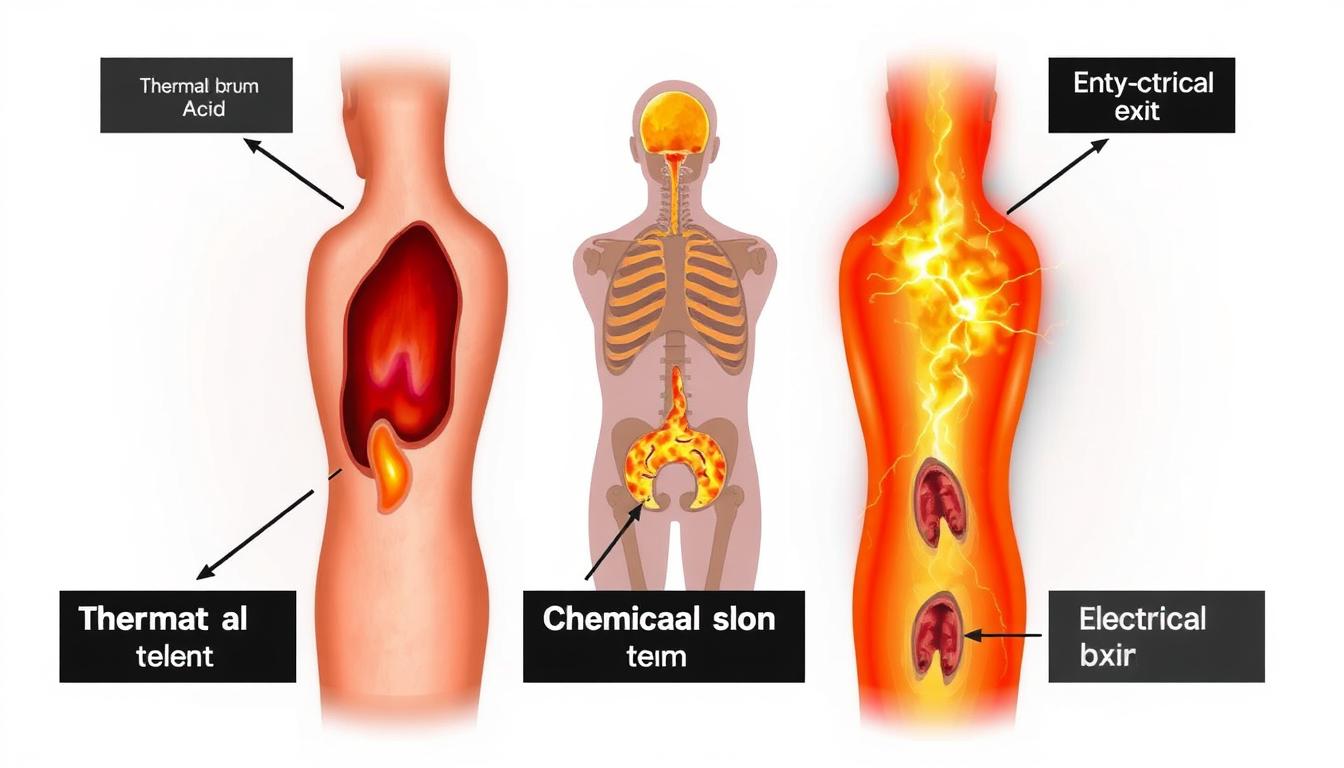 Different types of burns showing thermal, chemical, and electrical burn examples