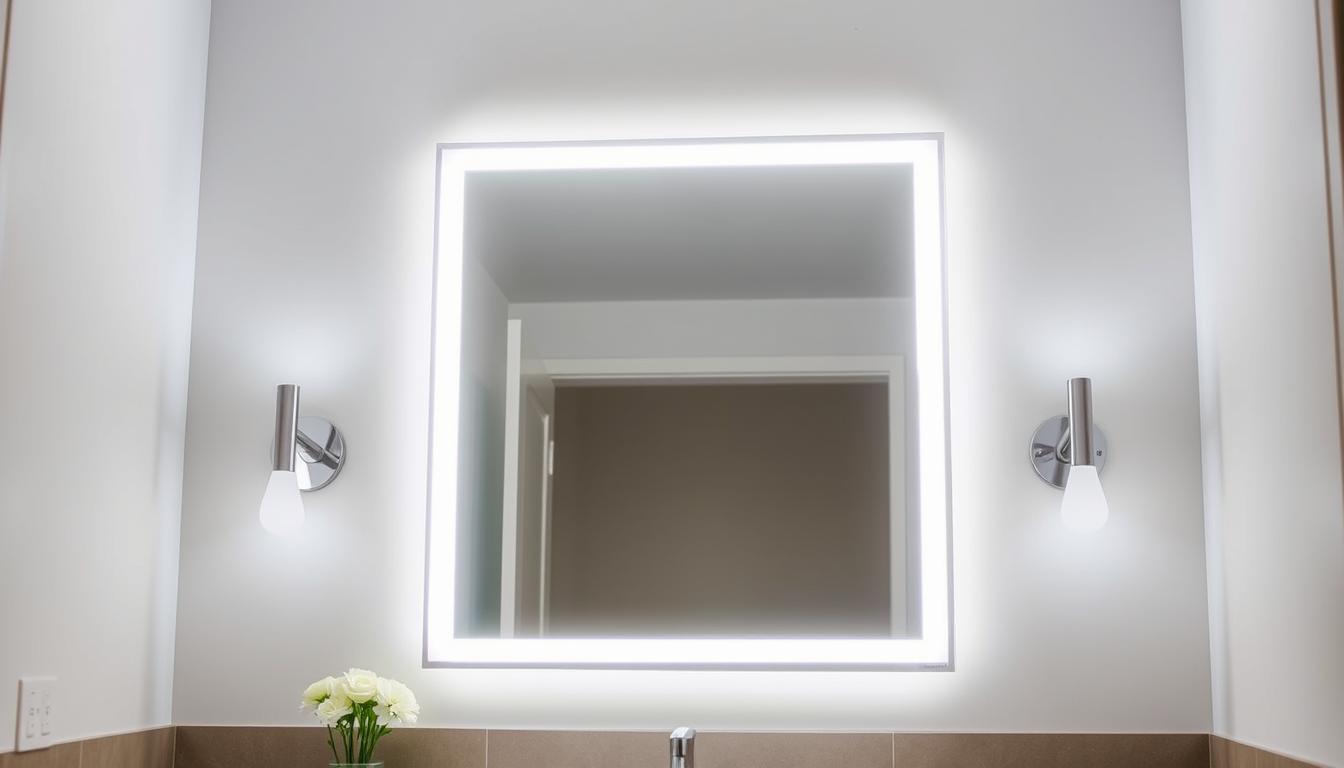 A cozy bathroom with a LED-backlit vanity mirror, its bright yet warm illumination casting a flattering glow. The mirror is mounted on a sleek, minimalist wall panel, seamlessly integrated into the modern, neutral-toned decor. Soft, indirect lighting from sconces on either side of the mirror provides a balanced, soothing ambiance. The mirror's edges feature a subtle, glowing halo effect, creating a sense of depth and dimension. The overall scene conveys a spa-like atmosphere, perfect for various bathroom styles - from traditional to contemporary.
