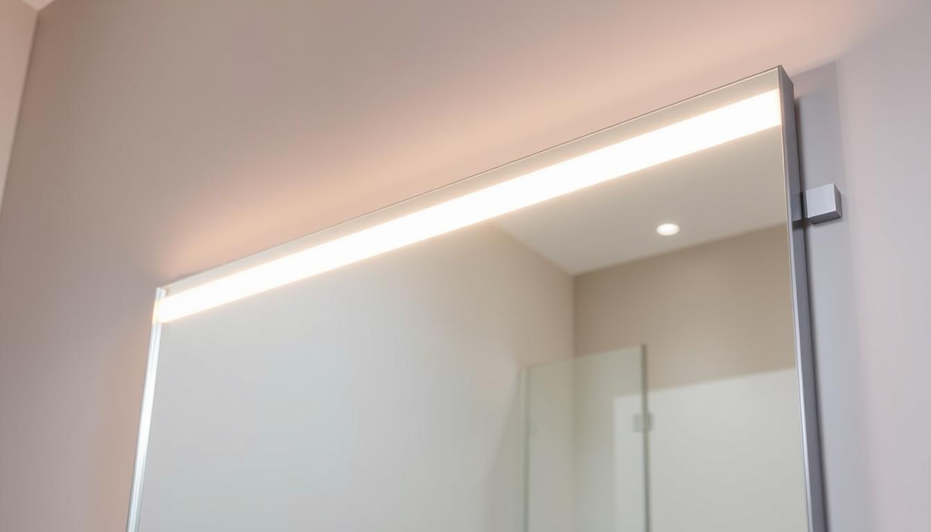 A sleek, modern LED-backlit bathroom mirror with a polished stainless steel frame. The mirror is hung at an optimal height, casting a warm, even glow over the vanity area. Subtle ambient lighting along the edges adds depth and ambiance. The mirror's surface is free of distortion, providing a clear, high-definition reflection. The overall design is minimalist yet functional, perfectly complementing a contemporary bathroom interior.