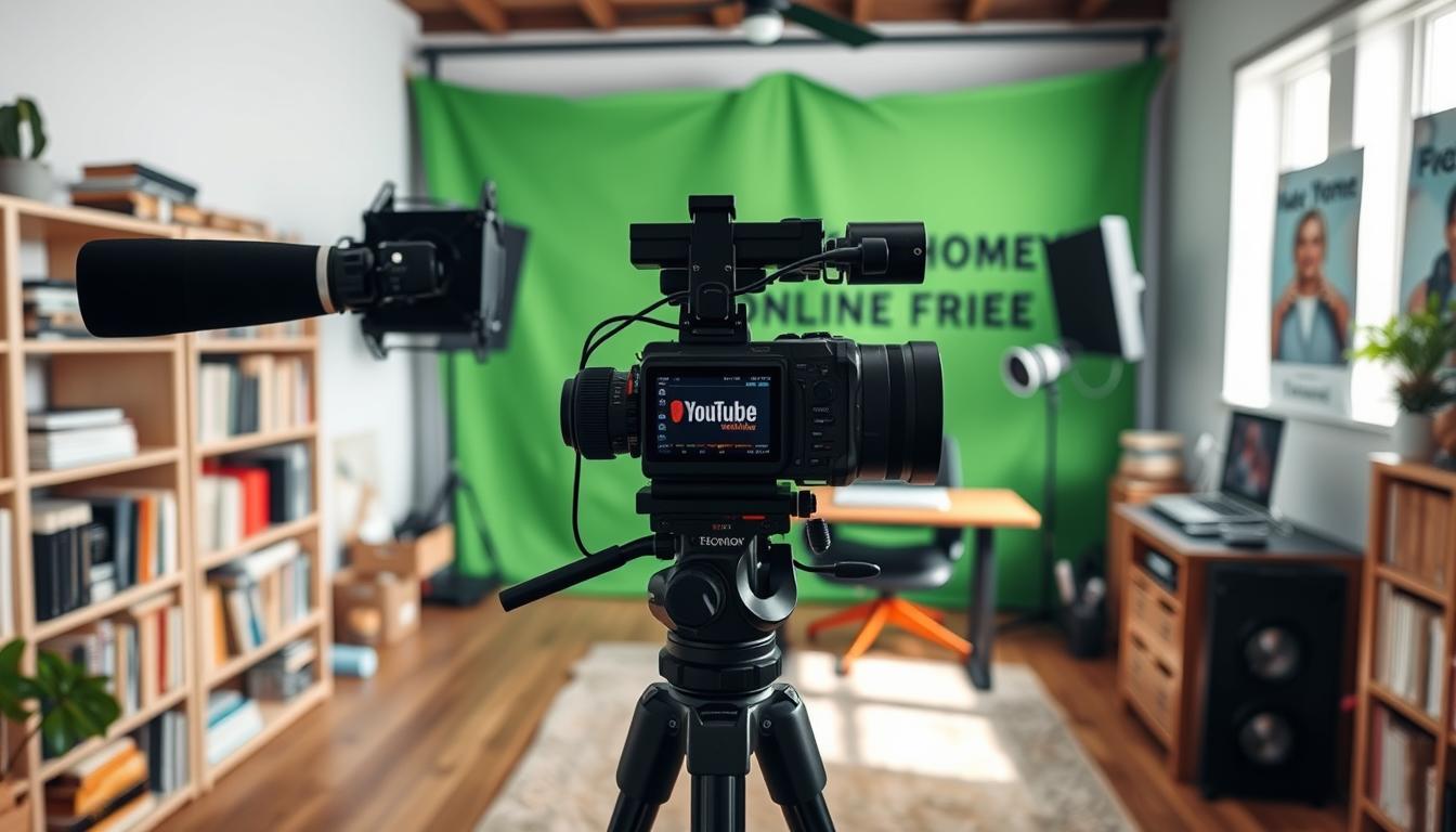 A professional YouTuber's home studio workspace, filled with modern film equipment and technology. In the foreground, a high-quality video camera on a tripod, its lens focused on a desk with a laptop, microphone, and lighting setup. The middle ground features bookshelves stocked with video production resources, while the background showcases a green screen for versatile content creation. Bright, natural lighting floods the room, creating a warm, inviting atmosphere. The &quot;Make Money Online Free Guides&quot; brand name is prominently displayed on a wall-mounted sign.