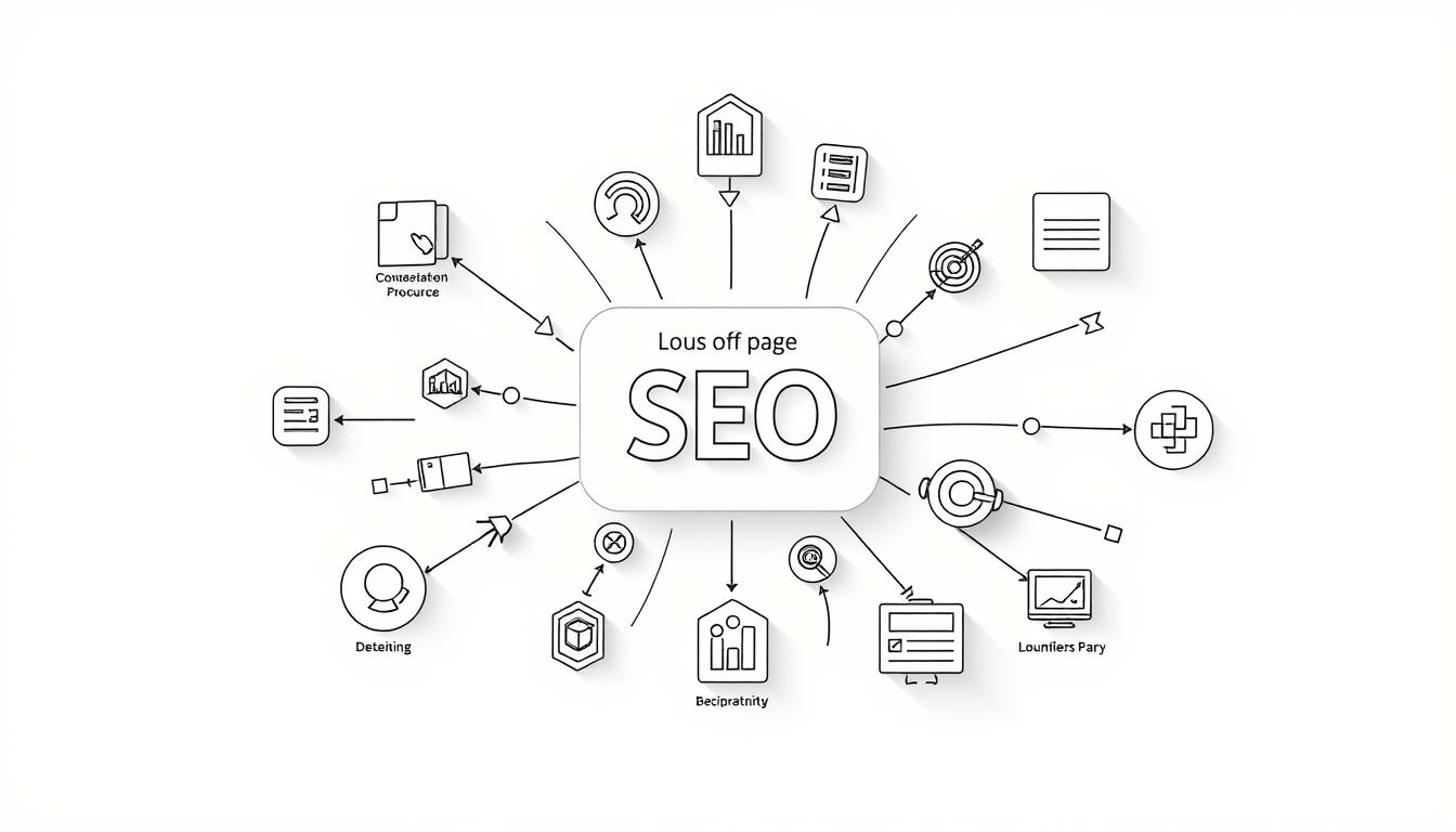 A detailed illustration of off-page SEO techniques. A minimalist and clean design with a focus on key elements. A stylized visual representation of search engine optimization tactics, conveying their importance and impact. Soft, muted colors create a professional, educational atmosphere. Crisp lines, geometric shapes, and subtle textures depict the technical and analytical nature of off-page SEO. The composition features a central, abstract diagram surrounded by supporting icons and visual cues, all rendered in a flat, two-dimensional style. Indirect lighting from the top-left casts gentle shadows, adding depth and dimension to the image.