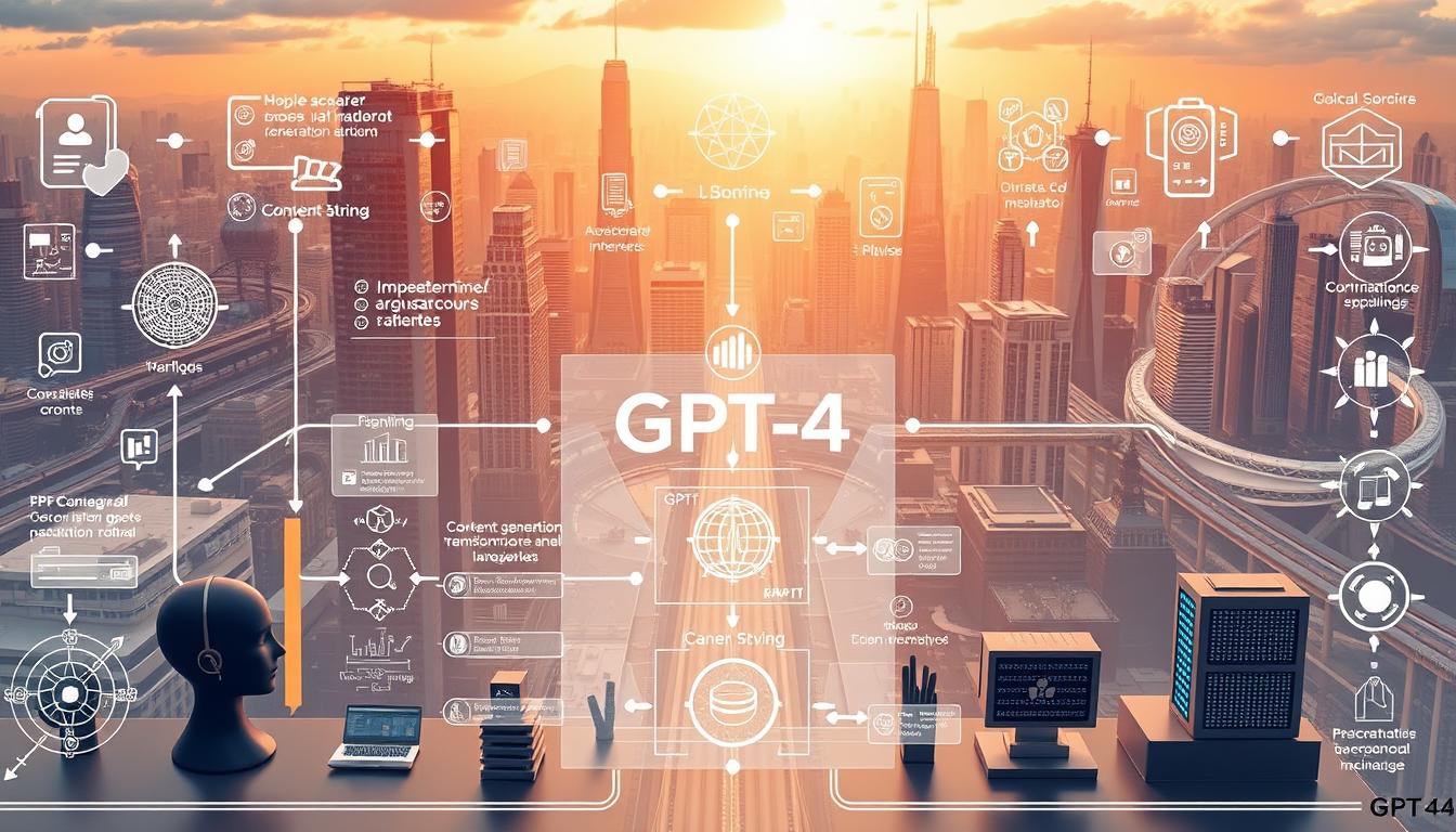 A detailed diagram depicting the diverse applications and capabilities of GPT-4 technology. In the foreground, various AI-powered systems are showcased, such as virtual assistants, language translation tools, and content generation platforms. The middle ground features schematic diagrams and technical schematics, illustrating the intricate workings of the GPT-4 architecture. In the background, a futuristic cityscape with towering skyscrapers and advanced infrastructure symbolizes the integration of GPT-4 into the fabric of modern society. The scene is bathed in a warm, golden light, conveying a sense of progress and technological advancement. The overall composition highlights the versatility and potential of GPT-4 across a wide range of industries and applications.