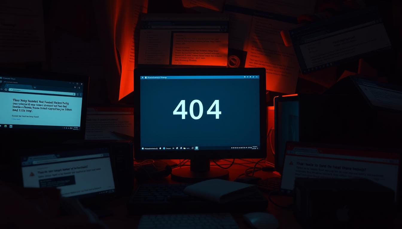 A cluttered computer desktop with multiple browser windows and error messages, casting a dim, hazy glow. The main window displays a &amp;amp;amp;quot;404 Not Found&amp;amp;amp;quot; error, surrounded by other redirects and warnings. The scene is illuminated by a warm, tungsten-tinted light, creating a sense of frustration and technical complexity. The composition emphasizes the disarray and confusion caused by the redirect issues, drawing the viewer's attention to the heart of the problem.