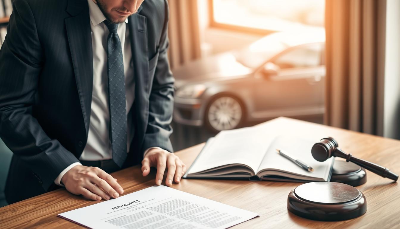 A professional attorney in a smart business suit stands confidently in the foreground, looking over a legal document on a wooden desk. In the middle ground, an open law book and a gavel hint at the subject of auto accident law. In the background, a blurred image of a car crash scene subtly conveys the gravity of the topic without being graphic. Soft, natural lighting from a nearby window creates an inviting atmosphere, illuminating the details on the desk. The angle is slightly aerial, providing a clear view of the attorney's focused expression while emphasizing the details of the law materials. The mood is informative and serious, reflecting the importance of understanding Georgia auto accident law principles.