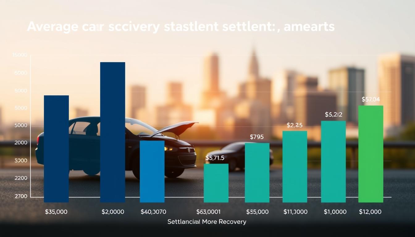 A visually striking infographic representing average car accident settlement amounts in Georgia. In the foreground, a professional-looking chart features distinct bars and icons, with a subtle gradient highlighting various settlement figures, all in soothing blue and green tones. The middle layer shows a silhouette of a car accident scene, with two vehicles slightly damaged, symbolizing the context of the settlements. In the background, a blurred cityscape of Atlanta encapsulates the location, bathed in warm, natural daylight, exuding an atmosphere of hope and recovery. The lens should create a slight depth of field effect to emphasize the chart, while the overall composition balances professionalism and clarity, making complex data easily understandable.