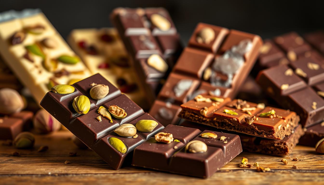 A delectable still life showcasing an assortment of tempting pistachio chocolate bar variations. In the foreground, a dark chocolate bar studded with vibrant green pistachio nuts is angled elegantly, casting soft shadows. Behind it, an assortment of alternative creations - a white chocolate bar with pistachio and dried cranberries, a milk chocolate bar with pistachio and sea salt, and a rich, fudgy pistachio-infused chocolate slab. Warm ambient lighting illuminates the bars, giving them a luxurious, artisanal appearance. The composition is arranged on a rustic wooden surface, hinting at the handcrafted, gourmet nature of these creative pistachio chocolate confections.