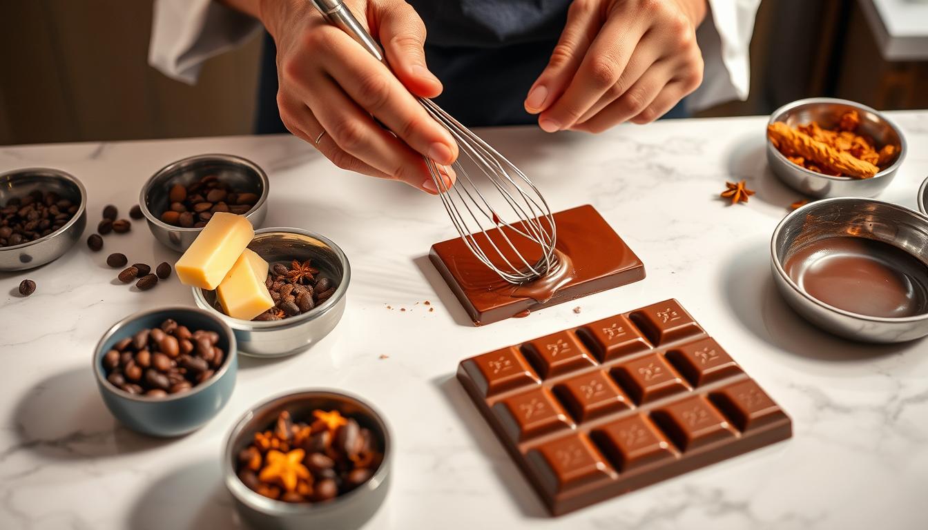 A finely crafted Dubai chocolate bar being lovingly prepared on a clean, white marble countertop. Soft, diffused lighting illuminates the ingredients - cacao beans, cocoa butter, and aromatic spices - neatly arranged in small bowls. The chocolatier's skilled hands carefully temper the melted chocolate, creating a smooth, glossy sheen. Whisk and spatula stand at the ready, poised to incorporate the final touches. The scene exudes a sense of artisanal precision and culinary passion, setting the stage for the creation of an exquisite chocolate delight.
