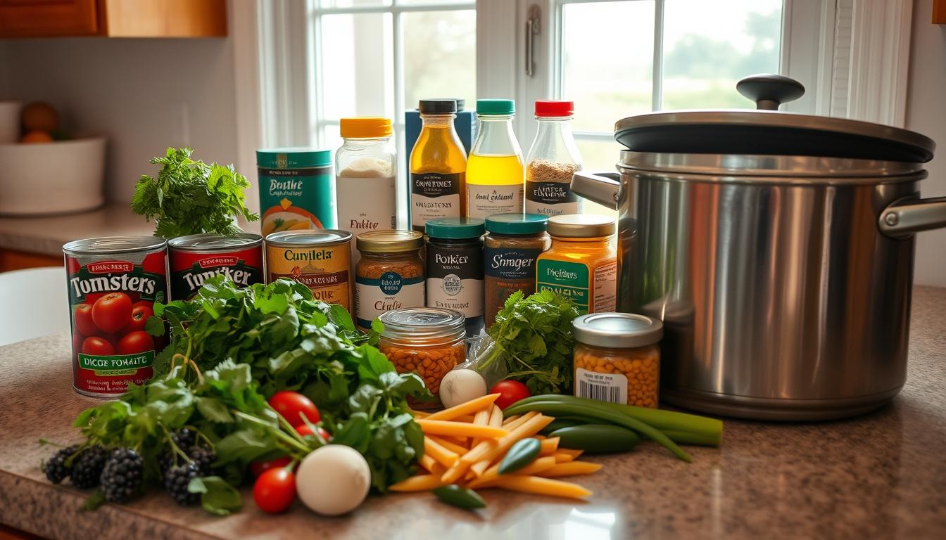 Easy Soup Recipes: 9 Delicious One-Pot Wonders You’ll Love 3 A neatly organized kitchen counter, with a selection of common pantry staples for soup-making. In the foreground, a mix of fresh herbs, cans of diced tomatoes and beans, dried pasta, and a large cooking pot. In the middle ground, a collection of spices, broth cartons, and jars of pickled vegetables. The background features a window overlooking a cozy home, with natural sunlight casting a warm glow over the scene. The overall atmosphere is one of culinary preparation, inviting the viewer to imagine the delicious soup creations that could be crafted from these readily available ingredients.