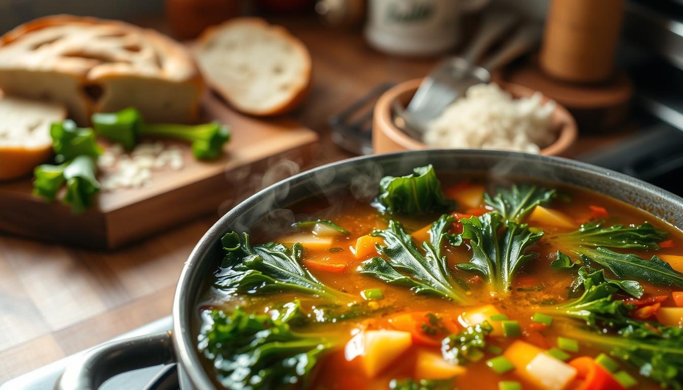 Minestrone Soup Recipe: 7 Easy Steps to Make It Perfect 2 A hearty, wholesome minestrone soup simmers on the stovetop, steam gently rising. In the foreground, fresh kale leaves and other vibrant green vegetables float in the flavorful broth, lending a healthy, nutritious touch. The background features a rustic, wooden table setting, with a loaf of crusty bread and a sprinkle of grated Parmesan cheese, creating a cozy, homemade atmosphere. Warm, natural lighting casts a soft, inviting glow, capturing the comforting and nourishing essence of this delectable, kale-infused minestrone soup.