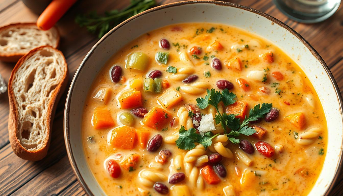 Minestrone Soup Recipe: 7 Easy Steps to Make It Perfect 3 A creamy, luscious minestrone soup simmers on a wooden table, its vibrant vegetables and hearty broth filling the frame. Warm lighting casts a cozy glow, accentuating the rich textures without the need for cream. Carrots, celery, and onions mingle with kidney beans, pasta, and fragrant herbs, creating a visually appetizing and comforting scene. The soup's thick, velvety consistency is achieved through careful blending and slow simmering, resulting in a dish that is both nourishing and indulgent, without the addition of dairy. A few crusty bread slices and a sprinkle of Parmesan cheese complete the welcoming tableau, inviting the viewer to dive into this creamy, creamy-free minestrone delight.