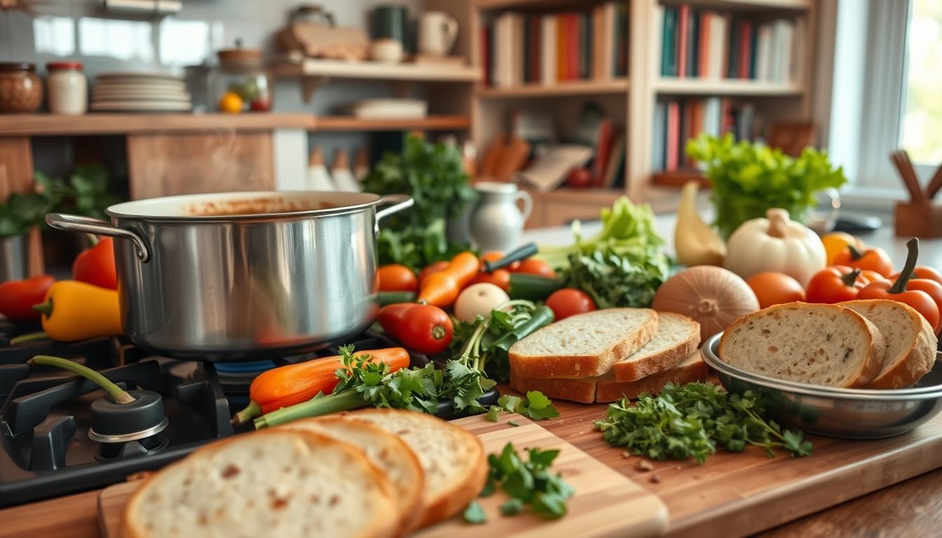Easy Soup Recipes: 9 Delicious One-Pot Wonders You’ll Love 2 A cozy kitchen scene featuring an assortment of easy, one-pot soup recipes. In the foreground, a large pot simmers on a stovetop, steam rising from the rich, flavorful broth. Surrounding it are fresh vegetables, herbs, and other soup ingredients, artfully arranged. In the middle ground, a wooden cutting board holds sliced bread, perfect for dipping. The background showcases a well-stocked pantry and shelves of cookbooks, creating a warm, inviting atmosphere. The lighting is soft and natural, highlighting the vibrant colors and textures of the scene. Captured with a wide-angle lens to provide a comprehensive view, this image evokes the simplicity and comforting appeal of homemade, easy-to-prepare soup recipes.