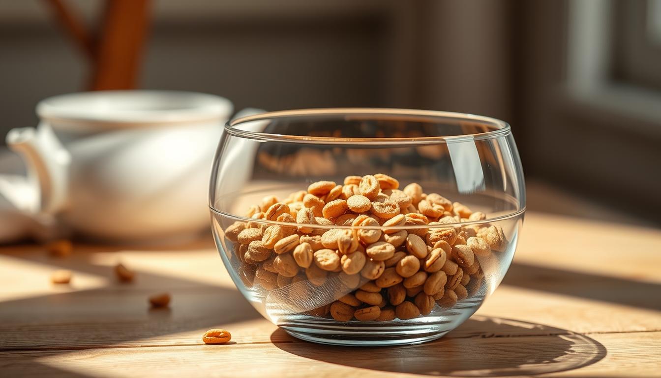 a high quality photograph of a glass bowl filled with premium dry kitten food made with high protein ingredients, such as chicken, fish, and eggs, against a soft, blurred background of a wooden table with natural lighting casting warm shadows across the scene, creating a cozy, inviting atmosphere to showcase the nutritious pet food product