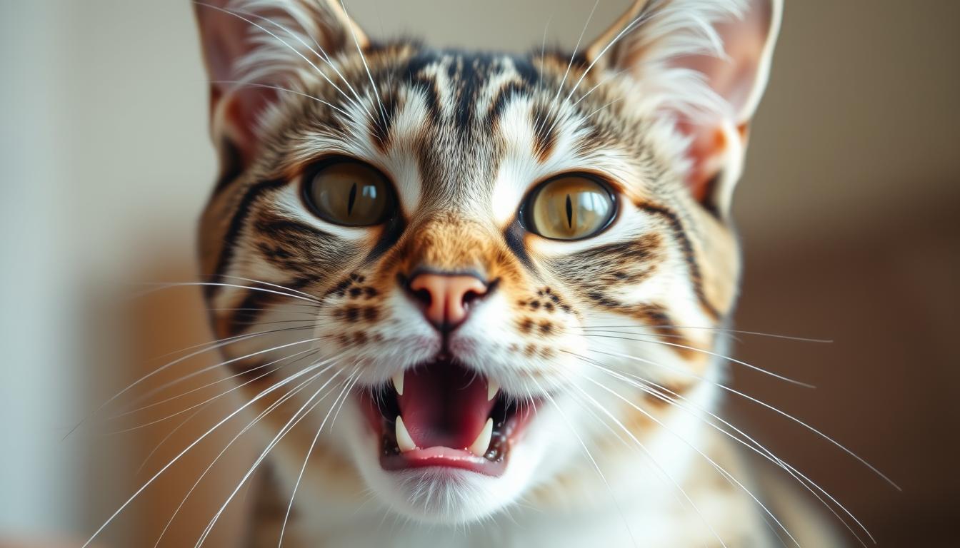 A close-up shot of a feline face, its eyes wide and ears perked, with a concerned expression. The cat's mouth is open, its tongue visible, conveying an intense meowing motion. The image has a soft, natural lighting, highlighting the texture of the cat's fur and the details of its features. The background is blurred, placing the emphasis on the cat's expressive face and the health issues that may be causing its excessive vocalizations.