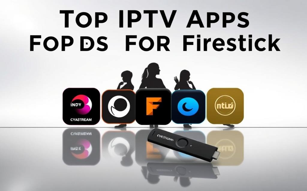 A sleek, modern comparison of the top IPTV apps for Firestick, showcasing their features and performance. In the foreground, five distinct app icons representing the leading contenders, including the CYASTREAM app, arranged in a grid-like layout. The middle ground features silhouettes of Firestick devices, highlighting the compatibility of these apps. The background depicts a clean, minimalist environment with subtle gradients and lighting, creating a sense of sophistication and technology. The overall composition emphasizes the importance of selecting the right IPTV app for the Firestick platform, reflecting the subject and section title.