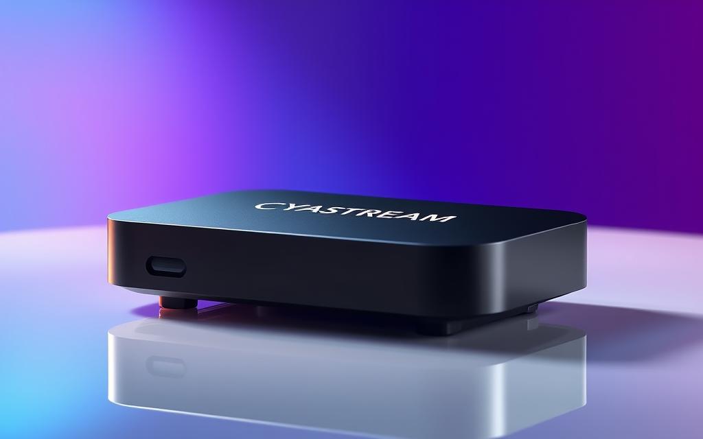 A sleek, modern IPTV streaming device with the CYASTREAM brand prominently displayed on its minimalist, matte black exterior. The device sits atop a glossy white surface, casting a soft reflection. In the background, a vibrant, abstract gradient in shades of blue and purple creates a dynamic, futuristic atmosphere. Warm, directional lighting from the left side highlights the streamlined form of the device, conveying a sense of simplicity and technological sophistication. The overall composition emphasizes the plug-and-play nature and zero-buffering promise of this next-generation IPTV service.